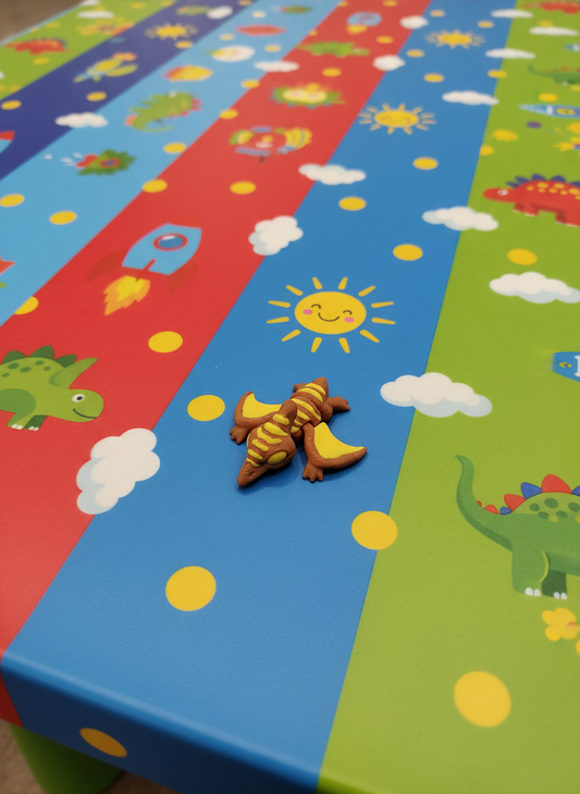 Toy dinosaur with brown and yellow colors on a kids table background