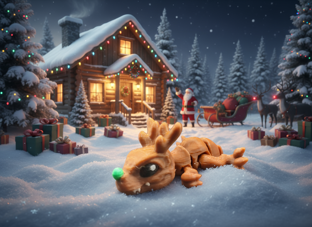 Small brown 3d printed reindeer  with a green nose on a white background