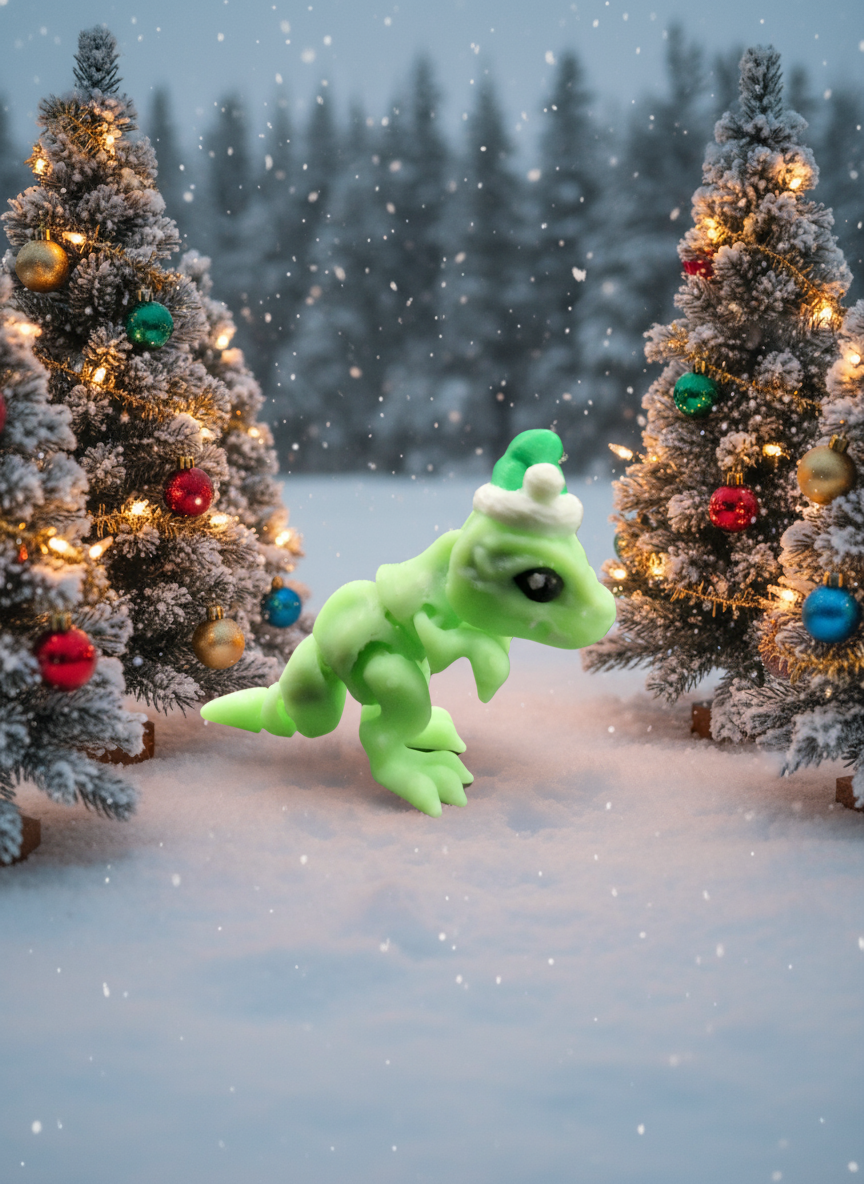 Green 3D printed articulated T-Rex dinosaur toy wearing a Santa Claus hat from the Printlings Christmas Collection