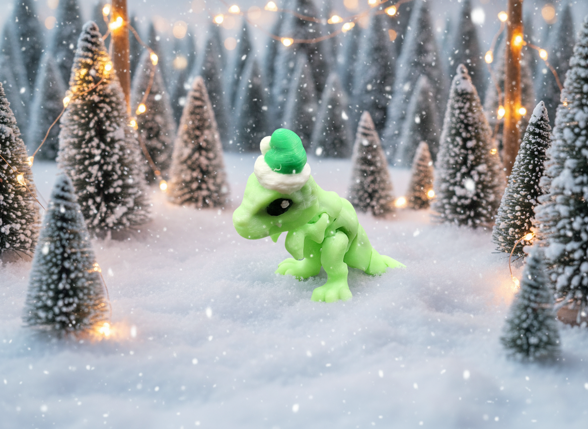 Green 3D printed T-Rex with a small hat on a white background